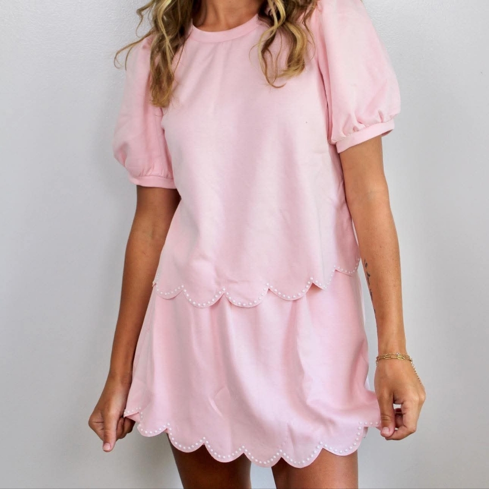 Soft Baby Pink Scalloped With Pearl Lounge Set — Women’s Cozy Shorts & Top